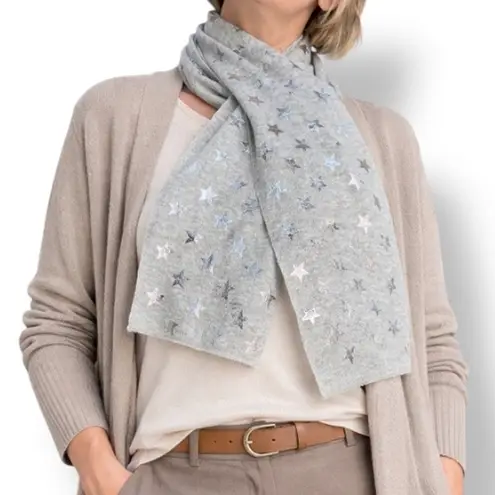 None Gray Star Print Knit Scarf Soft Lightweight Neutral Silver Metallic Warm Winter