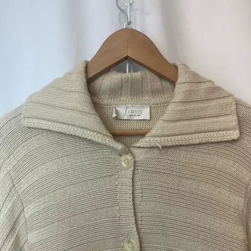 Vintage Sirio Italy Merino Wool Knit Beige Cream Button Fringe Cardigan Sweater Size L