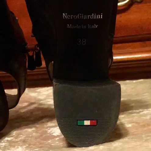 Nero Giardini Leather Black Lace Up Side Zip Peep Toe 3” Block Heels EUC 7.5 EUR 38