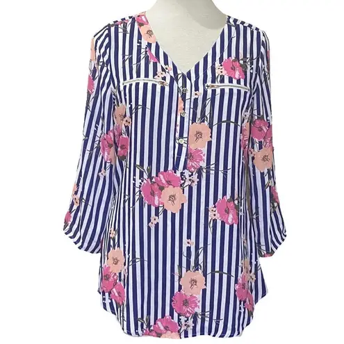 Wishful park Striped Floral Blouse Gold Trim Roll Tab Long Sleeves