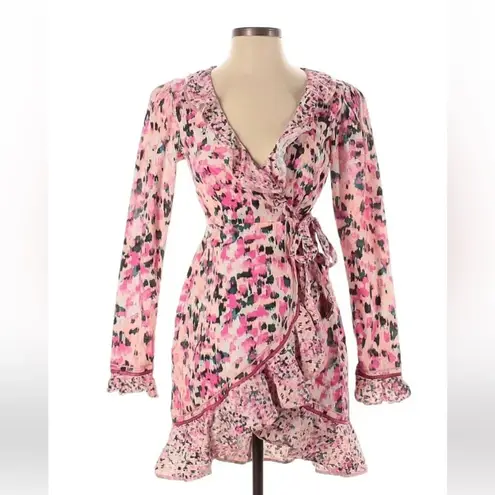 Rococo Sand Mimi Ruffle Trim Long Sleeve Mini Wrap Dress Pink Floral Barbiecore Pink