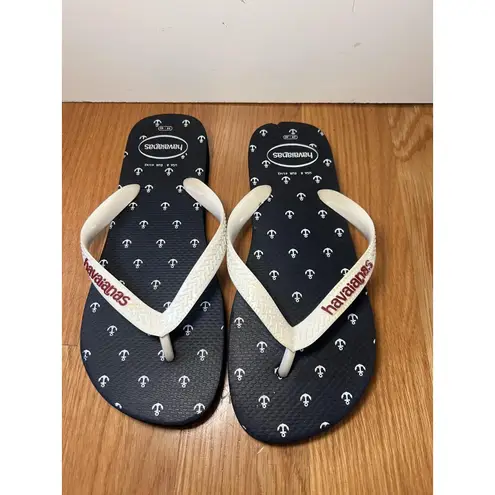 Havaianas Flip Flop Sandals Shoes Mens Size 8 Navy White Anchor Print Beach