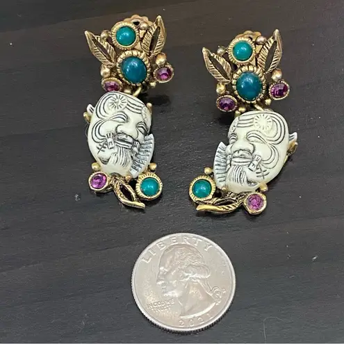 Vintage 60’s SELRO Signed Noh Okina White Devil Mask Whimsical Dangle Earrings