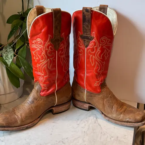 J.B. Dillon Cowboy Western Boots Womens 10 B USA Made Red Tan Leather Square Toe