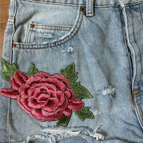 ZARA  Trafaluc Women High Rise Shorts Sz 6 Blue Cotton Denim Embroidered Roses