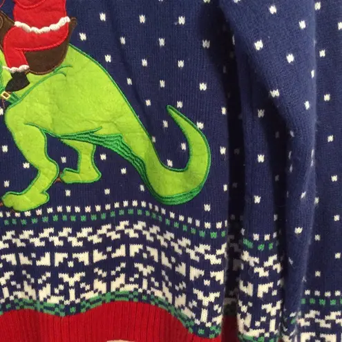 Ugly Christmas Sweater Santa riding dinosaur bells blue Large L