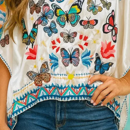 Johnny Was Vanny heavily Embroidered Satin Butterfly Blouse NWT