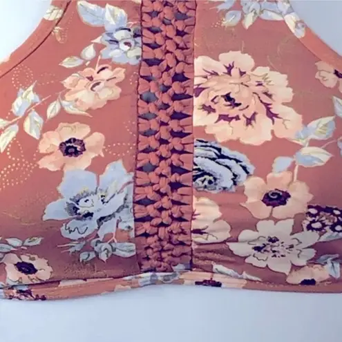 Ambrielle Floral Peach Halter Swim Top XL Braided Front Padded Cups Orange