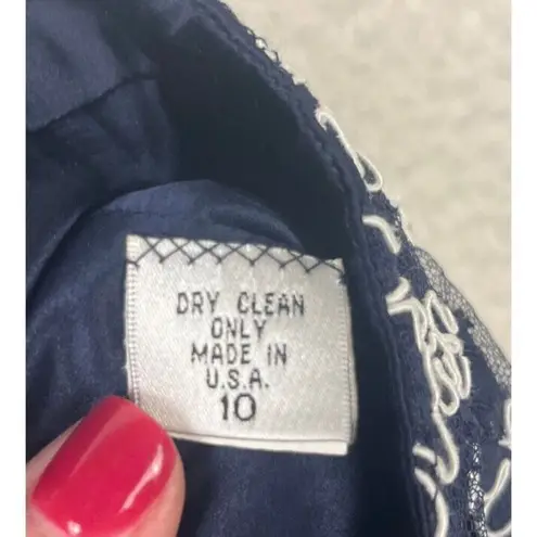 Monique Lhuillier ML Navy Floral Lace Sheath Midi Skirt Sheer V Neck Top Size 10