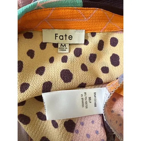 FATE. Multicolor Abstract Patchwork Long Puff Sleeve Ruffle Keyhole Blouse Size M