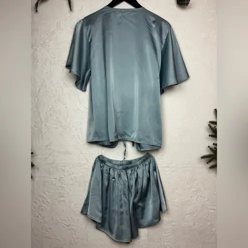 Unbranded Elegant White Lace Trim Blue Satin Sleepwear Set Size M