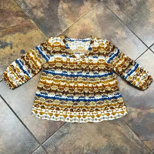 Figueroa & Flower Tie Dye Leopard Blue Gold Boho Blouse Medium Brown