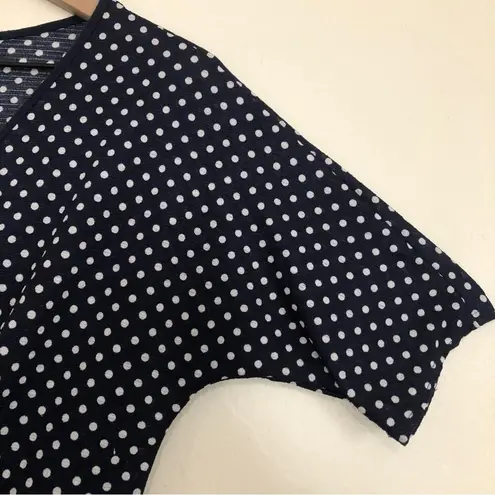 Lavish Navy Blue White Polka Dots Button Tie Front Half Sleeve V-Neck Blouse Top