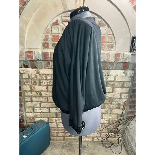 Blouse black sequin hem cuffs shoulder pads 1980s glam Size XL