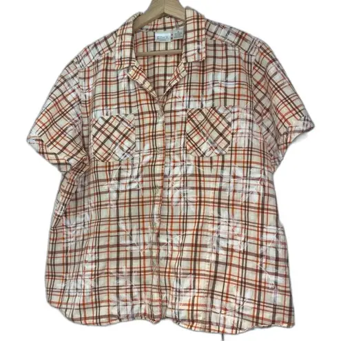 Erika Plaid Cotton Button up Orange Brown Beige Short Sleeve Shirt…
