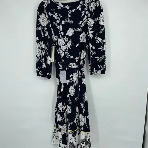 Eliza J  Floral Print Faux Wrap V-Neck Waist Tie Dress Blue White Size 4 NWT