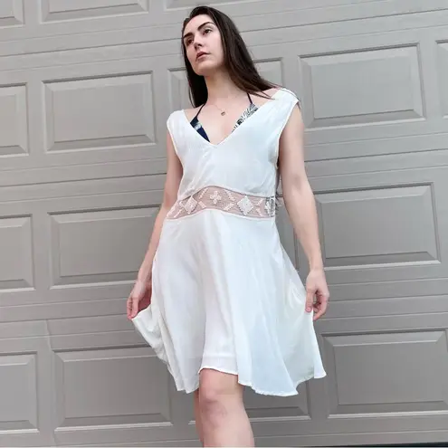 Free People  Bohemian Beach Ivory Sheer Panel Swing Tank Slip Dress Medium