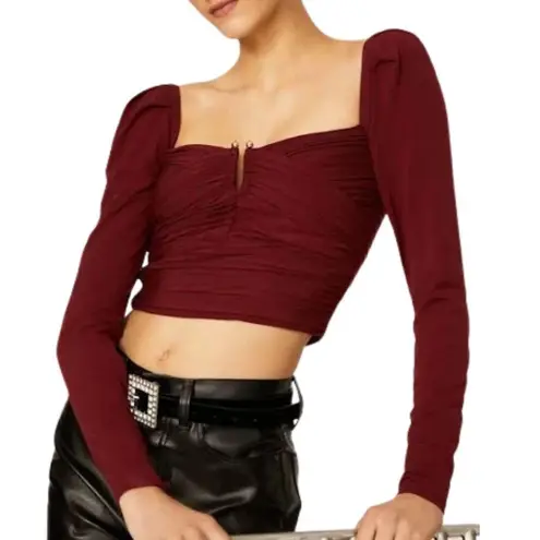 SELF PORTRAIT Cropped Long Sleeve Draped Gathered Knit Blouse Burgundy Top Sz 0 Red
