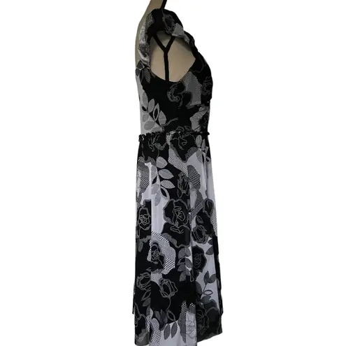 SIGNATURE BY SANGRIA Midi Floral Print Dress Sz 10 Milkmaid Y2K Ruffle Retro Black Size L