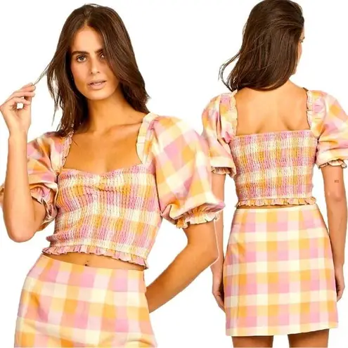 Charlie Holiday NEW Pink Multi Check Andrea Smocked Puff Sleeve Crop Blouse S/4