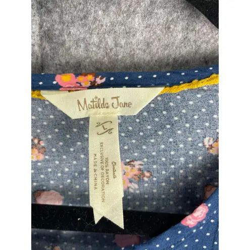 Matilda Jane Blue Floral Dot Peplum Blouse Button Front Long Sleeve L Boho Top