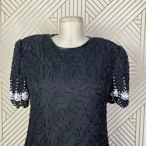 Laurence Kazar Vintage Beaded Blouse in Black & White Gatsby Size Petite Small