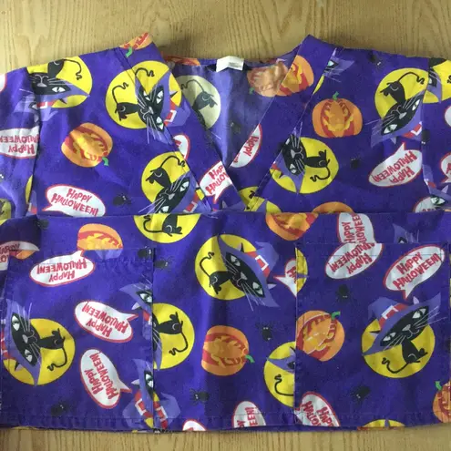 Just Love Halloween Cats Pumpkin Scrub Top 3 Pockets Med/Lrg