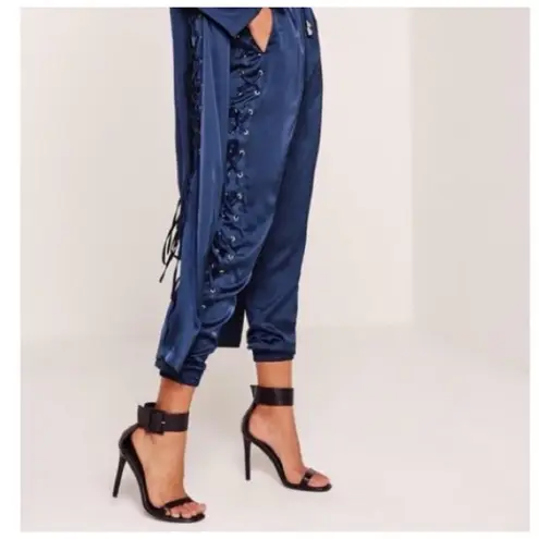 Missguided Blue Satin Lace-Up Side Joggers Pants Elastic Waist Size 10