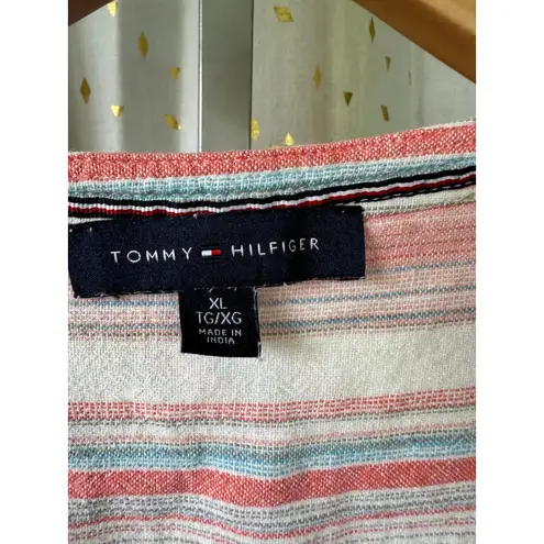 Tommy Hilfiger  Women's Linen Blend Stripe V Neck Quarter Button Blouse XL