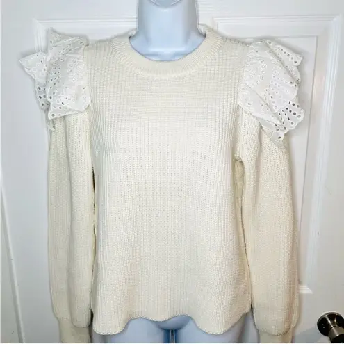 LILLA P Eyelet Ruffle Shoulder Trimmed Crew Neck Ribbed Sweater White Size L Size L