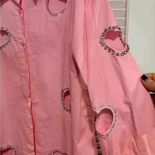 Pink Heart Cutout Rhinestone Embellished Long Sleeve Button