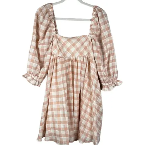Gypsy Rose Pink & White Gingham Babydoll Dress Puffed Sleeves Pockets Size Small
