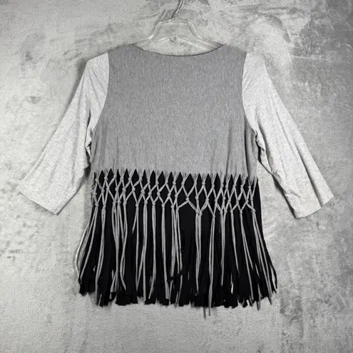 IC by Connie K Fringe Tunic Top Women Large Gray Black Casual Comfy Lagenlook
