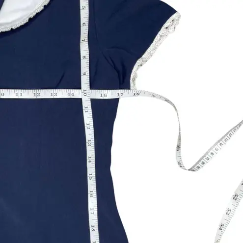 Cider Navy Blue White Lace Trim Collar Button Down Mini Dress Dark Academia