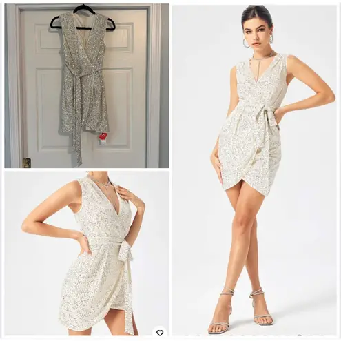 Cider New Women's Dress Size S Silver Beige Sequin Wrap Mini Party