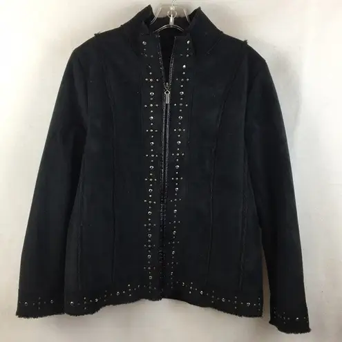 Dennis Basso Women's Black Suede Shearling Zip Up Winter Coat L