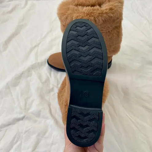 NEW Chunky Tan Brown Fuzzy Teddy Faux Fur Fold Over Mid Calf Winter Boots US 7.5