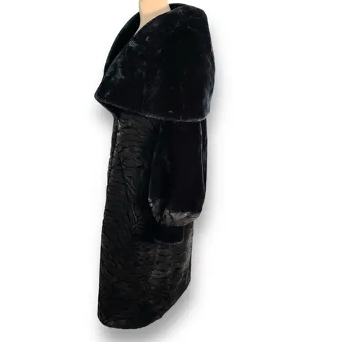 Vintage Black Brown Faux Fur Zebra Print Long Coat Oversized Collar Small Warm