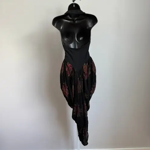 VTG Karen Alexander Black Floral Halter Dress Ruched Tulip Hem Sleeveless sz 10