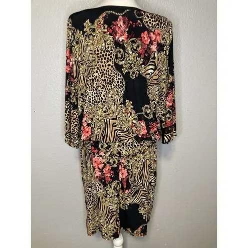 Thalia Sodi Designer Dress XXL Blouson Braided Gold Belt Black Open 3/4 Sleeve