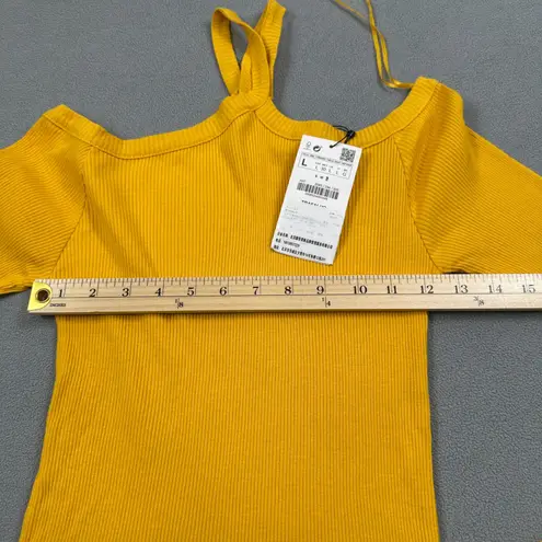 NWT Zara Trafaluc Top Yellow Ribbed Knit Asymmetric One Shoulder Long Sleeve Size L