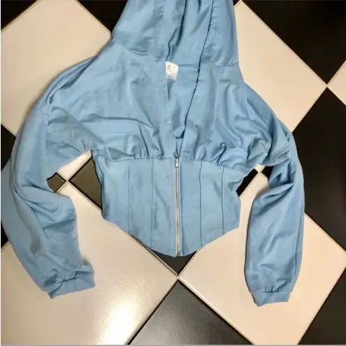MM Couture Cropped Hoodie Corset Bustier Zip Up Cinched Ice Blue Sky Baby Blue M
