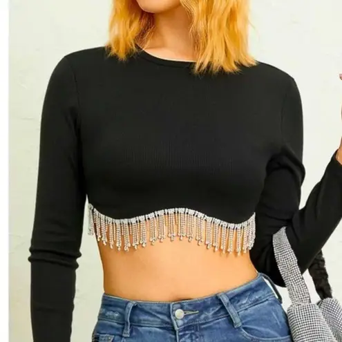 Sincerely Jules Size XL Ribbed Knit Crop Top Embellished Jewels LS Black Silver