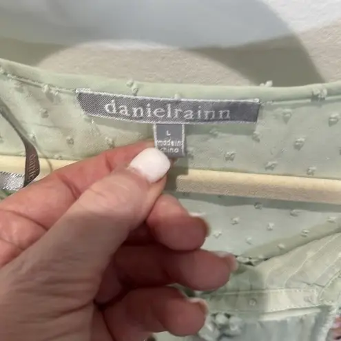 Daniel Rainn Floral Print Top Green Pom Pom Trim Short Sleeve Blouse