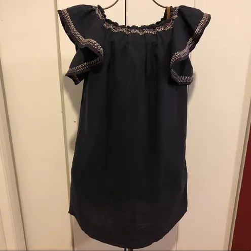 Ban Jara Cotton Embroidered Navy Blue Boho Sheath Dress Women's Size S