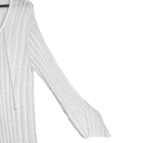 Ashley Stewart White & Silver Long Sleeve Flounce Hem Ribbed Knit Midi Dress