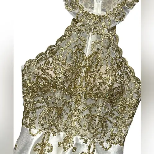 XScape Embellished Embroidered Mikado Party Dress White Gold Size 2 EUC