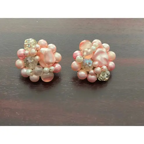 VTG Pink Beaded Rhinestone Clip On Earrings Made in Japan Coquette Bling Barbie
