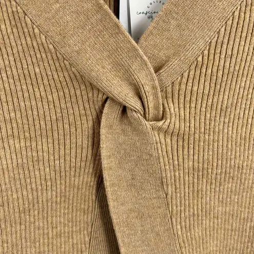 Fashion Union Cardigan Sweater Neutral Tan Ribbed Knit Open Twist Front 10