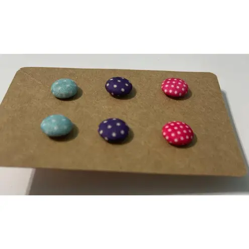 None Fabric Covered Button Earrings Stud Set Pink Purple Teal Blue Polka Dots Round
